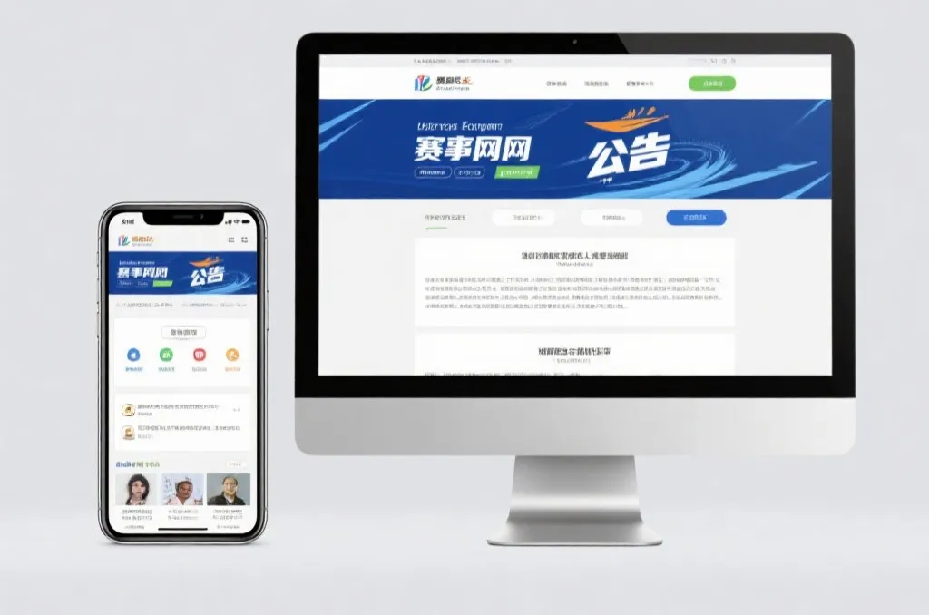 手机和电脑上并排显示赛事官网与公告页面,画面简洁清晰