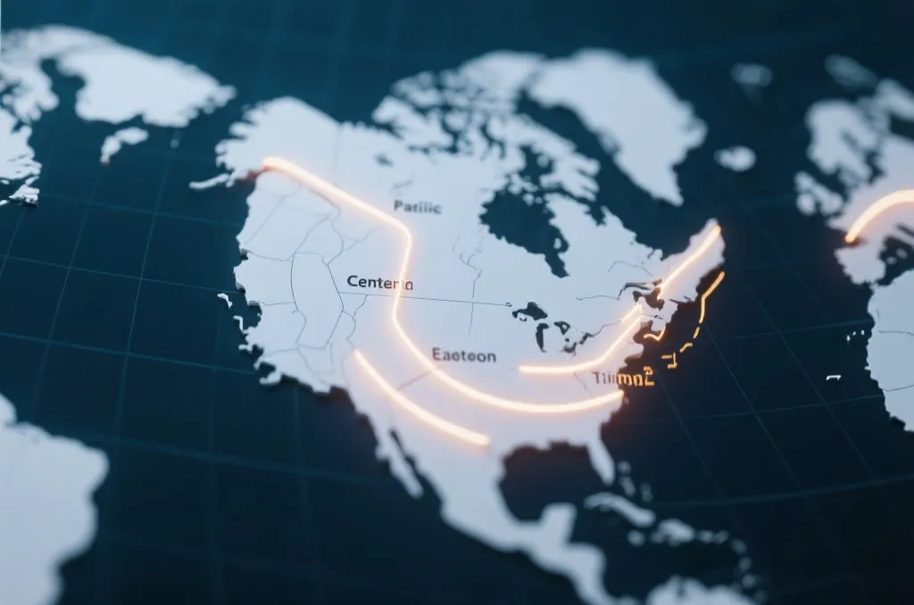 Abstract world map showing North America timezone divisions and clock icons
