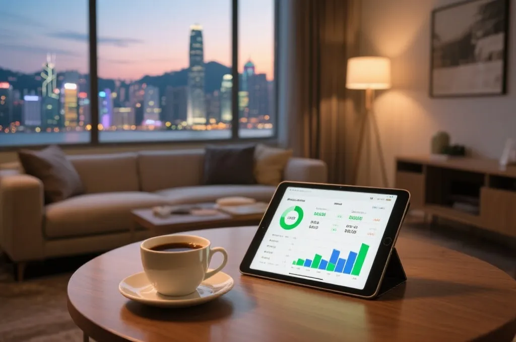 Cozy Hong Kong apartment workspace at dawn with a coffee cup and a tablet displaying sports analytics