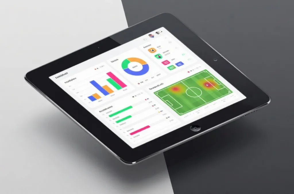 A modern digital tablet displaying a sports analytics dashboard with abstract colorful charts and football pitch heatmaps